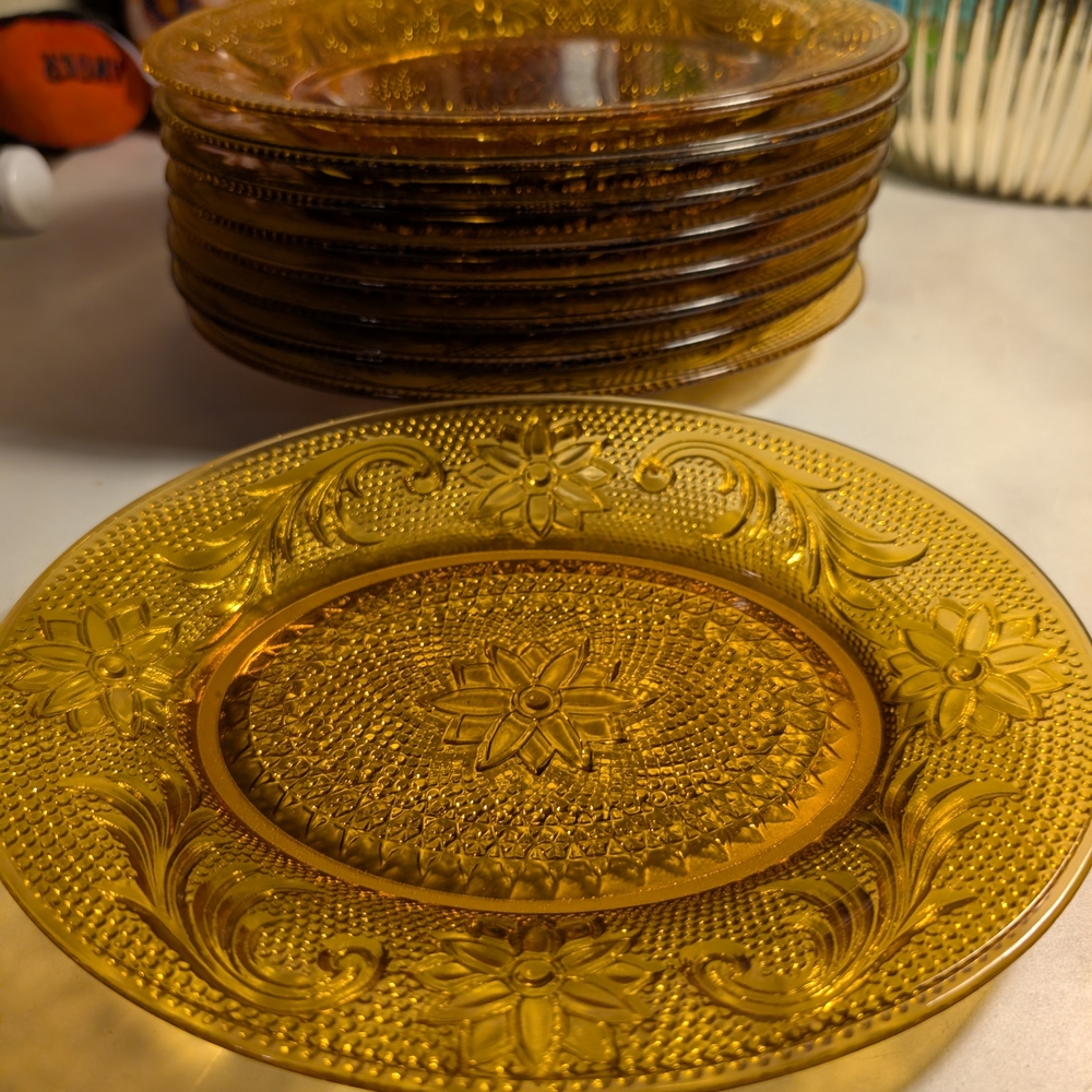 Tiara Amber Pressed Glass Dessert Plates - Set of 9